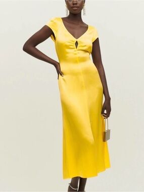 Reformation Scottie 100% Silk Midi Dress In Lemon Lily Yellow Size 10 Tie back